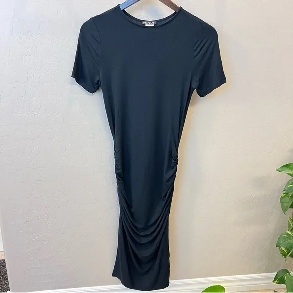 Venus bodycon midi Tshirt dress in black, side ruching, short sleeve, NWOT, XS - Picture 5 of 11